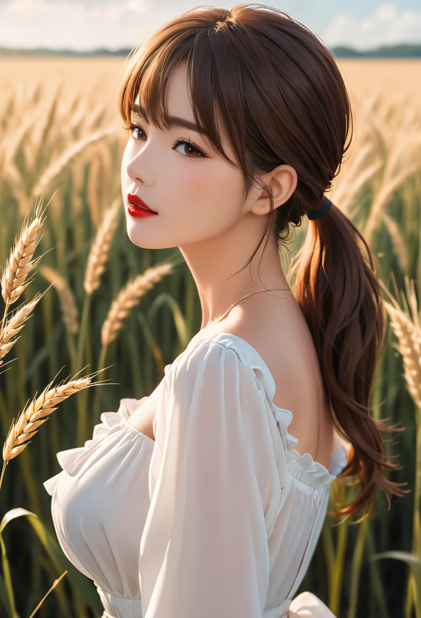 (masterpiece:1.4),, (best quality:1.4),, Ultra-high resolution,, 8K, CG,, (Very delicate and beautiful:1.2),, , Upper Body,, from the side,, View viewer,, , a girl,, alone,, robber girl,, Adult,, , Lovely, Sweet,, , in the wheat field,, Blurred background,, , long brown hair,, ponytail,, , Brown eyes,, mouth closed,, red lips,, , Face blown by the wind,, , White dress,, Medium chest,