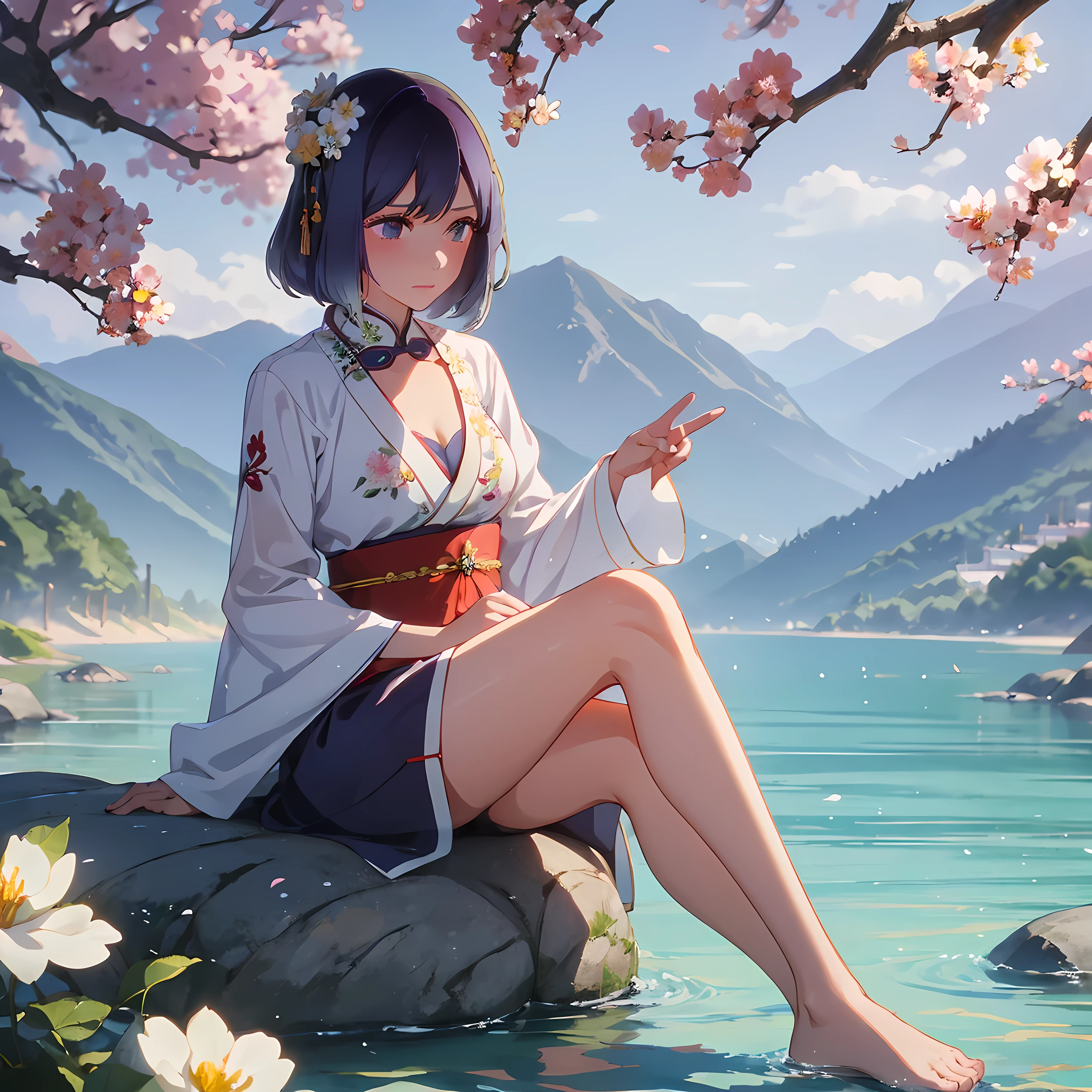 hanfu, 1 girl, medium breasts, cleavage, mountain, soaking feet, session, Chinese park background, white thighs, clear water, (feet: 1.3), too many flowers,