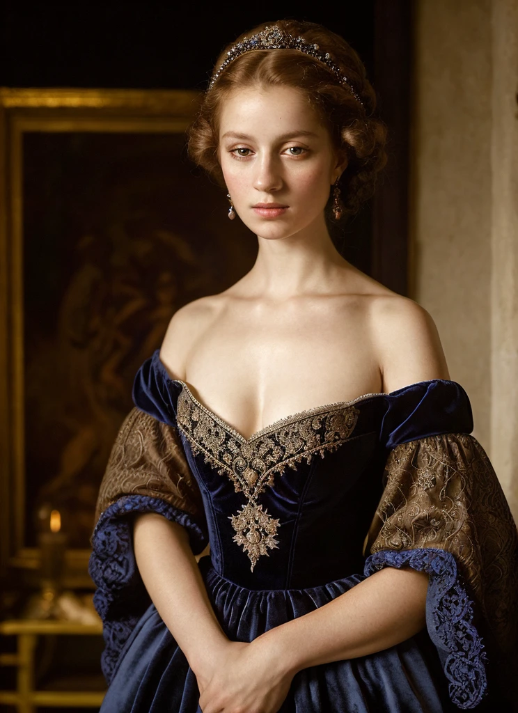 красивый, царственная женщина средневековья, в стиле Рембрандта Харменса ван Рейна., надменный взгляд, продуманный и элегантный костюм, аристократичное синее кружевное платье, очень подробный портрет, кинематографическое освещение, Драматическая светотень, сложная вышивка, пышный бархат, потрясающий реализм, фотореалистичный, 8К, Лучшее качество, шедевр