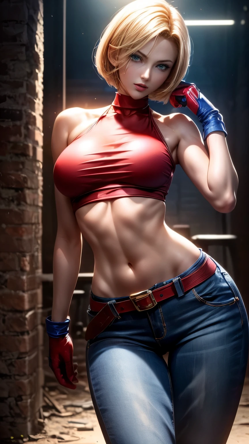 ((pose de acción dinámica)) ((Sexy, Alta y muy hermosa Blue Mary de la serie de videojuegos The King of Fighters.)) ((grandes ojos azules brillantes)) ((impresionante)) ((cabello corto rubio)) ((pechos medianos:1.5)) ((Cuerpo delgado:1.3)) ((viste de rojo recortado, guantes azules, jeans con cinturón marrón))  ((base militar abandonada)) ((Luz pálida)) ((alta definición:1.5)) ((obra maestra:1.5)) ((8K:1.5)) ((mejor calidad:1.4)), más_detalles:-1, más_detalles:0, más_detalles:0.5, más_detalles:1, más_detalles:1.5, 