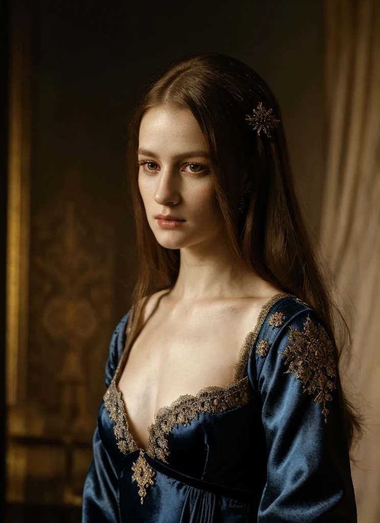 вид сверху красивый, царственная женщина средневековья, в стиле Рембрандта Харменса ван Рейна., надменный взгляд, продуманный и элегантный костюм, аристократичное синее кружевное платье, очень подробный портрет, кинематографическое освещение, Драматическая светотень, сложная вышивка, пышный бархат, потрясающий реализм, фотореалистичный, 8К, Лучшее качество, шедевр