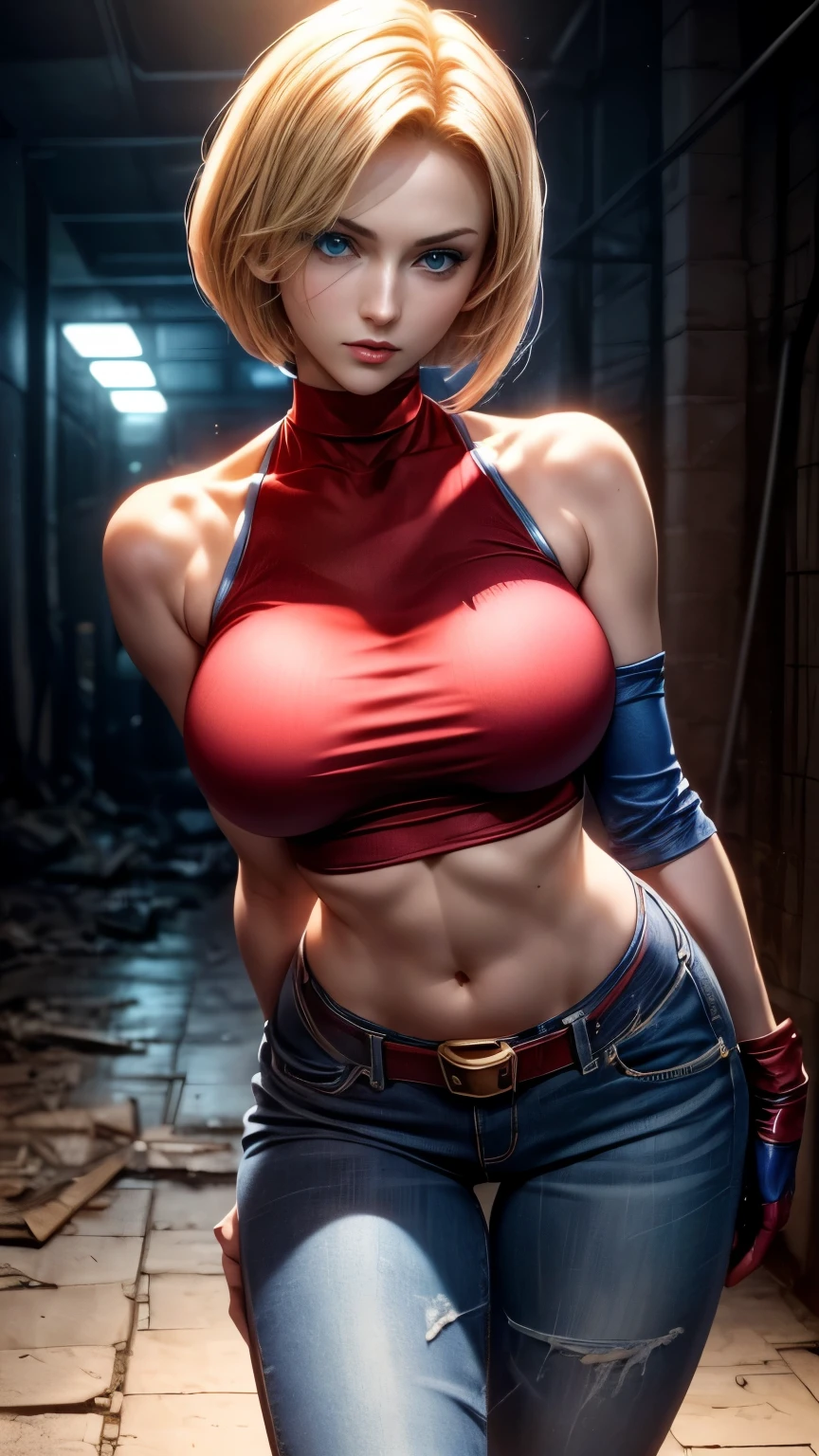 ((dynamic action pose)) ((Sexy, tall and very beautiful Blue Mary from The king of fighters videogame series)) ((big bright blue eyes)) ((badass)) ((short blonde hair)) ((big breasts:1.5)) ((slender body:1.3)) ((wears red cropped, blue gloves, jeans with brown belt))  ((abandoned military base)) ((pale light)) ((high definition:1.5)) ((masterpiece:1.5)) ((8k:1.5)) ((Best quality:1.4)), more_details:-1, more_details:0, more_details:0.5, more_details:1, more_details:1.5, 