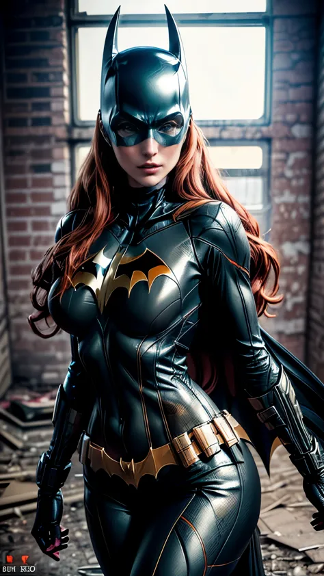 ((dynamic action pose)) ((Sexy, tall and very beautiful Batgirl from DC Comics)) ((big bright green eyes)) ((badass)) ((long Red...