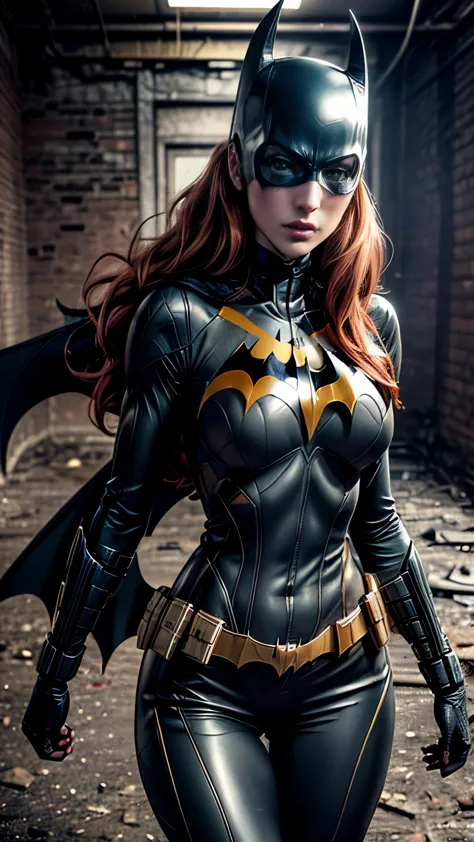 ((dynamic action pose)) ((Sexy, tall and very beautiful Batgirl from DC Comics)) ((big bright green eyes)) ((badass)) ((long Red...