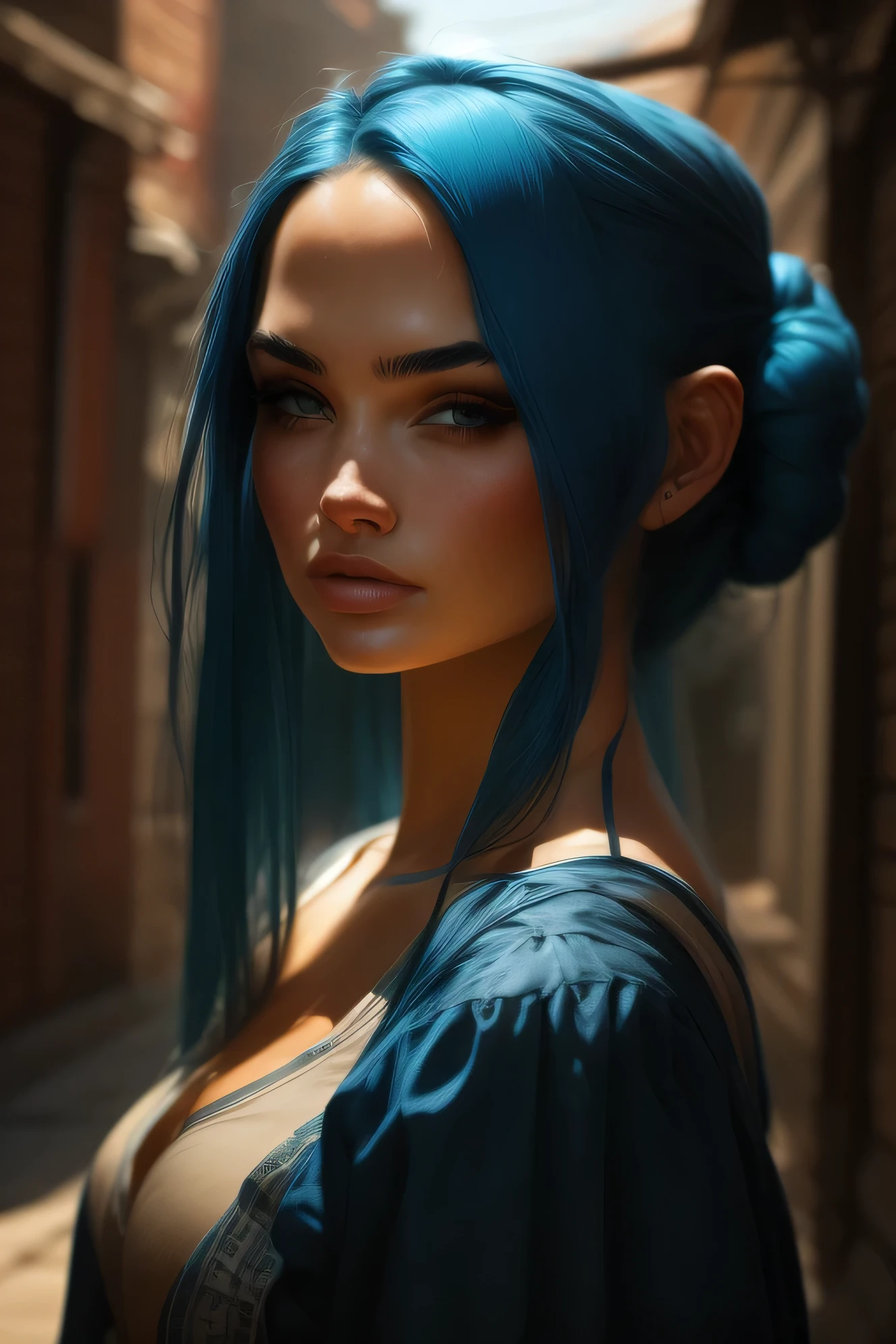 藍色頭髮的美麗女孩,漂亮的臉蛋.站在街上的房子附近. 特寫