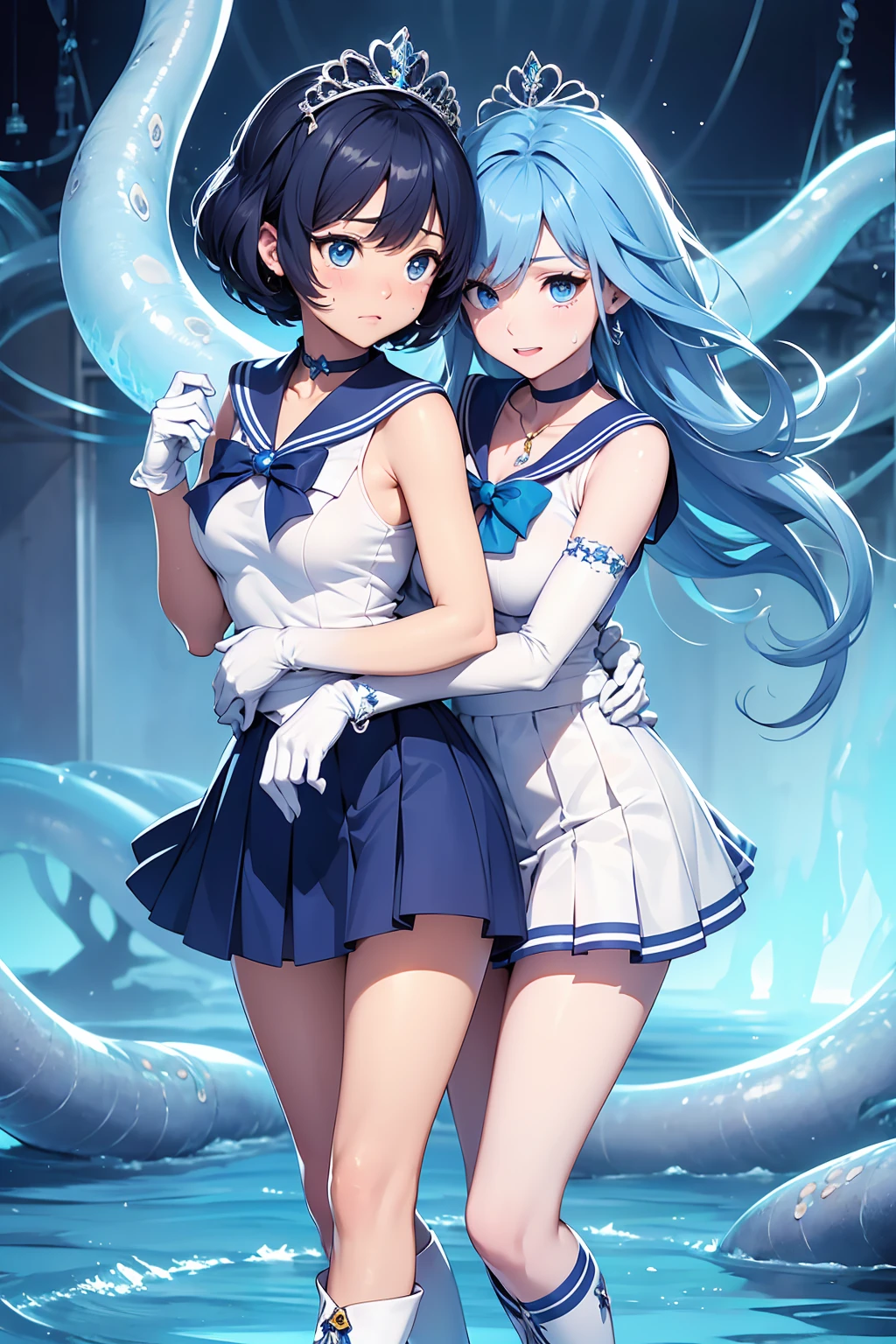 {{{Tentacles Bondage}}}Official Style, Anime Style,so beautiful、Highest quality、Realistic、complicated、Overall Details{{Sailor Mercury}}Blue Hair, Magical girl, Blue eyes, Blue Skirt, Cute white panties、White elbow-length gloves, tiara, Pleated skirt ,Blue long boots　Light Blue Sailor Necklace, mini skirt, choker, blue choker, White gloves、fixed constraints、Reproductive worship、It was a punk、biotechnology、rape、Tentacles Sex、{{Cilia on creature's back}}、caress、Tentacles passing between the girls&#39;feet、Tentacles rubbing pussy、NSFW feet are in the creature、{{riding, Spanking the Spintacle}}, {{{{{Back-arching orgasm}}}}}++, {{Head jumps back}}, Push your stomach forward、Clothes that tear easily　Nipples、belly button、Cry with your eyes open、Forced Orgasm、Love Juice、Get wet、Sweat、vapour、Trembling、inside the stomach of a creature、Slime、{{Cilia}}Tentacless of the skin、Tentacles Hole、look forward to、straight、Close to the audience、Cowboy Shot、Focus Only、complicated、(Very detailed)、(( On the body / Bukkake  with excess semen splashing))　Grasp the Tentacles　Licking Tentacles　Tentacles　{{{Torn clothes}}} {{{Ecstasy}}}}++ Love Juice