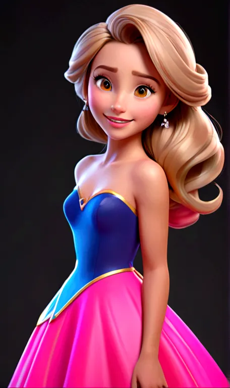 Generate a 3D model of a Disney character with light hair and brown eyes, wearing neon dress, radiant and happy. The model must ...