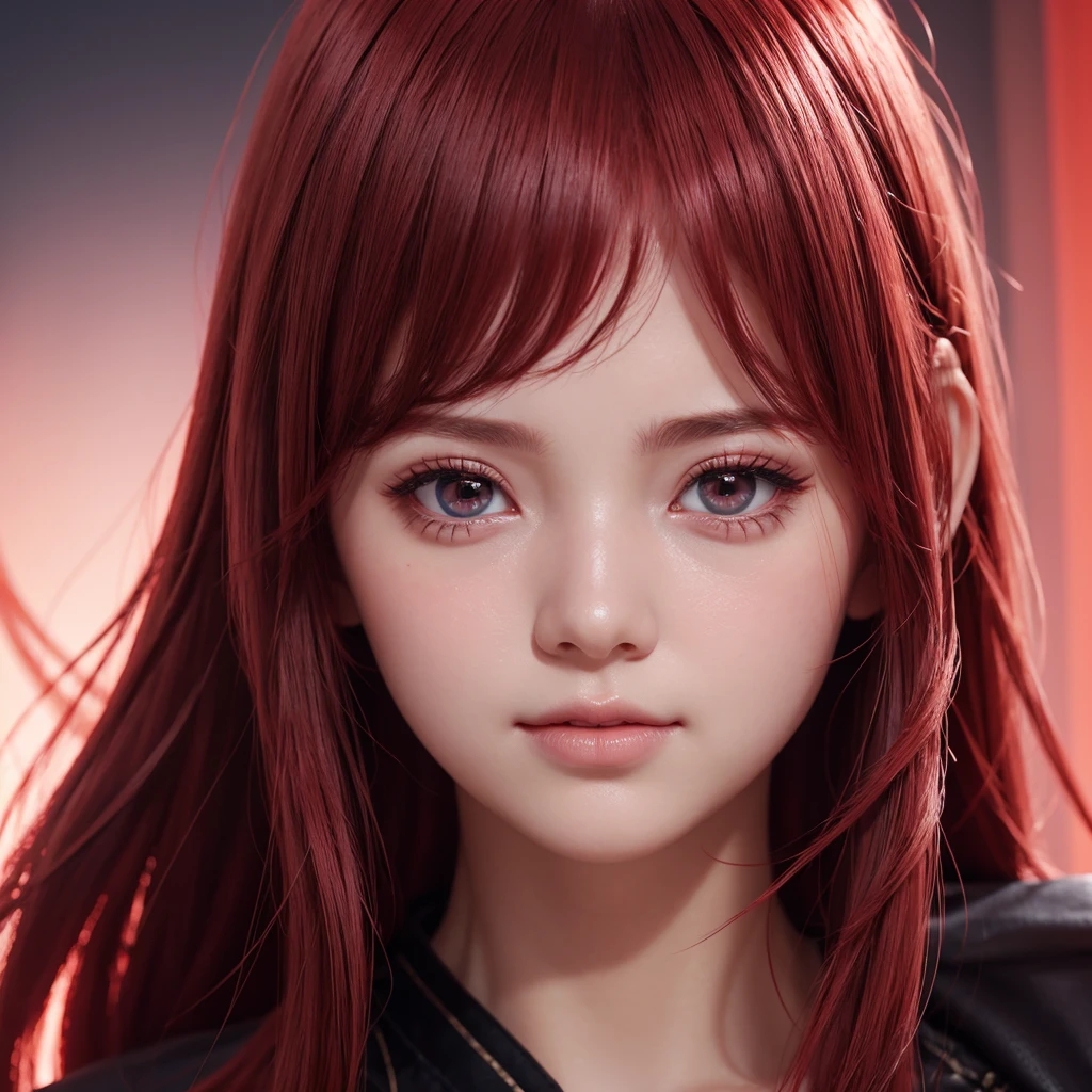 1girl, star eye, blush, perfect illumination, red hair, red eyes, unreal engine, sidelighting, detailed face, bangs, bright skin, simple background, dark background, 