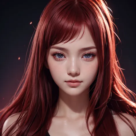 1girl, star eye, blush, perfect illumination, red hair, red eyes, unreal engine, sidelighting, detailed face, bangs, bright skin...