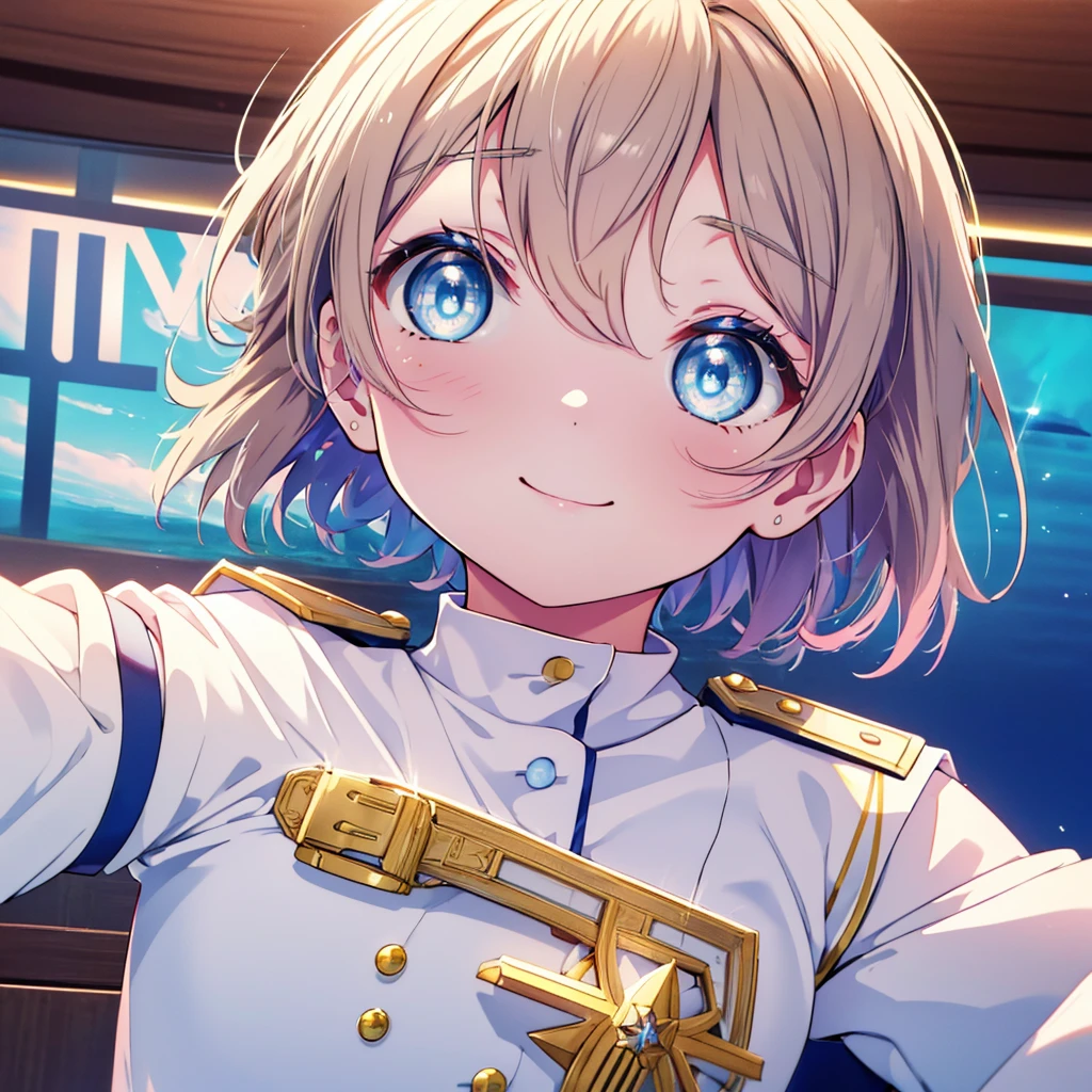 rikosakurauchi, riko sakurauchi, (blue eyes:1.5), hair between eyes, short hair, (light brown hair), (Medium chest:1.2), smile,(((Captain's white uniform))), (((Captain's Cap Ship White))), (clothing details:1.2), Ocean, cloud, Blue sky, smile, Inside a passenger ship,I&#39;m sitting cross-legged in the director&#39;s seat.,
break looking at viewer, whole body,
break indoors, Inside a passenger ship, 
break (masterpiece:1.2), highest quality, High resolution, unity 8k wallpaper, (figure:0.8), (detailed and beautiful eyes:1.6), highly detailed face, perfect lighting, Very detailed CG, (perfect hands, perfect anatomy),