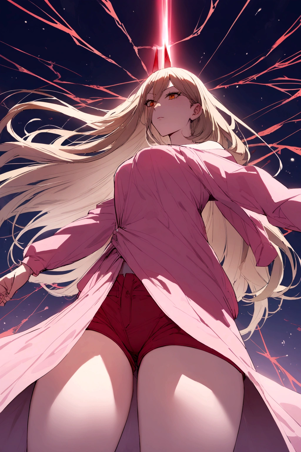 A Power, wearing a pink blouse , and a pair of crimson-red short shorts