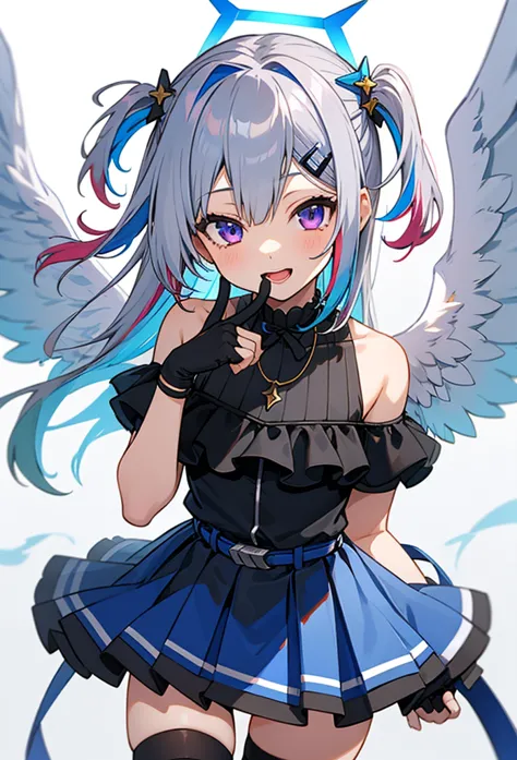 noberetkanatan1girl, solo, virtual youtuber, long hair, gloves, wings, multicolored hair, official alternate hair length, grey h...