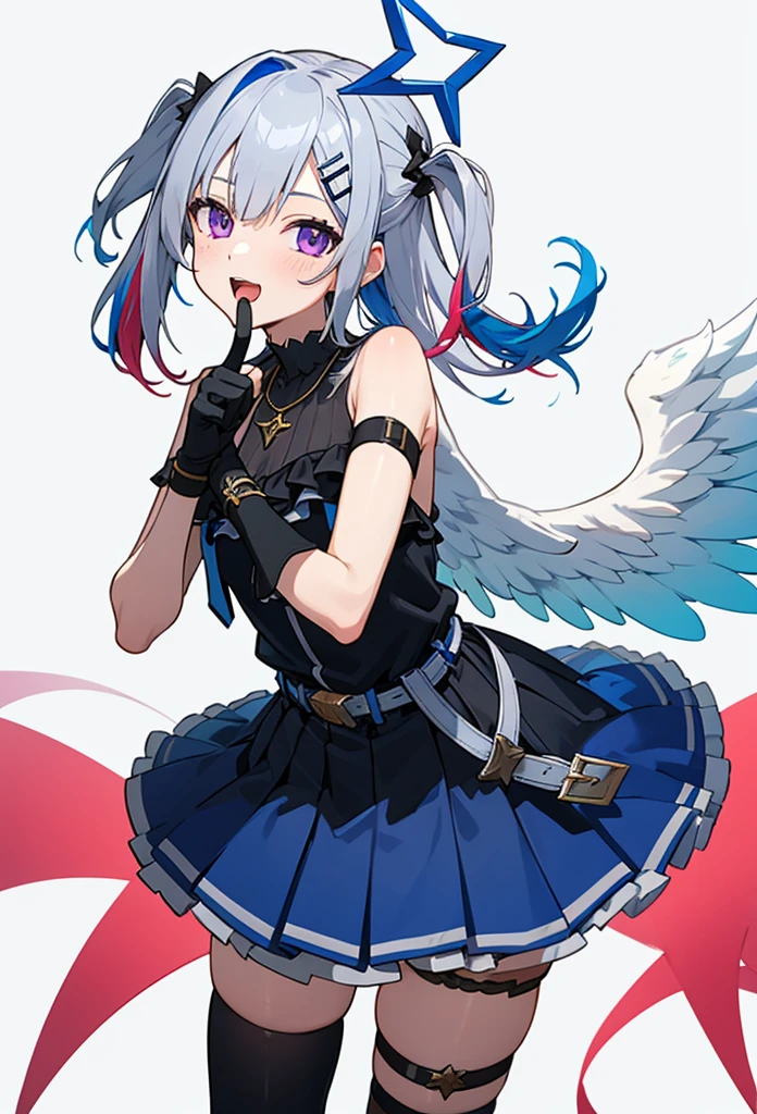 noberetkanatan1girl, solo, virtual youtuber, long hair, gloves, wings, multicolored hair, official alternate hair length, grey hair, colored inner hair, blue hair, angel wings, purple eyes, halo, star halo, official alternate hairstyle, partially fingerless gloves, angel, thigh strap, black gloves, hair ornament, dress, smile, looking at viewer, bangs, open mouth, two side up, jewelry, feathered wings, white background, pleated dress, single thighhigh, black dress, simple background, frills, bare shoulders, thighhighs, hairclip, necklace, gradient dress, belt, cowboy shot, index finger raised, finger to mouth, sleeveless, white wings