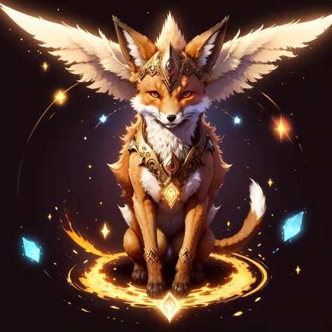 (1 fox) full body, a white eyed dark brown carbuncle, a winged four pointy ears with earth and stones, earth energy around, eart...