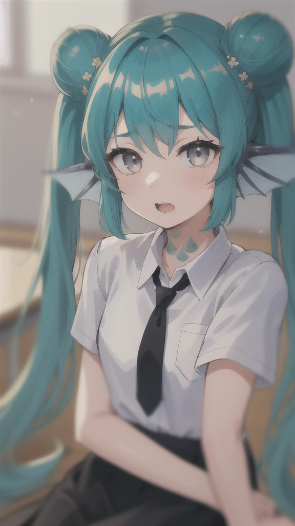 ((best quality)), ((highly detailed)), absurdres, (detailed eyes).1girl,20 years old,solo,long hair,light blue hair,finana,twintails,double bun,(white shirt,short sleeves,black standart tie,black skirt),upper body,close-up, classroom,mermaid, fins,sitting on floor,open mouth,talking