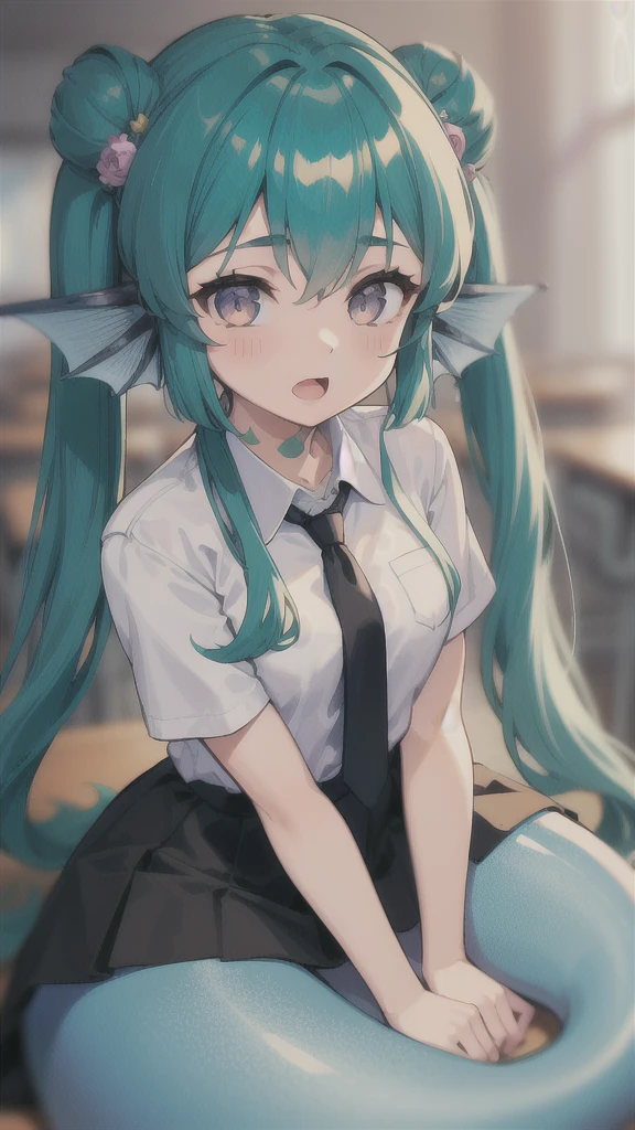 ((best quality)), ((highly detailed)), absurdres, (detailed eyes).1girl,20 years old,solo,long hair,light blue hair,finana,twintails,double bun,(white shirt,short sleeves,black standart tie,black skirt),upper body,close-up, classroom,mermaid, fins,sitting on floor,open mouth,talking