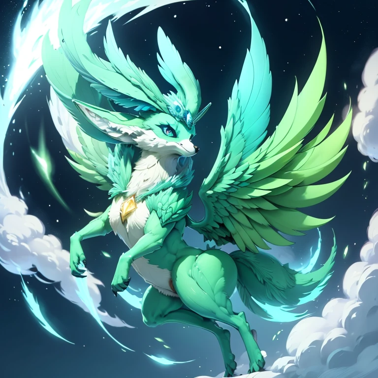 (1 fox) full body, a blue eyes light green carbuncle, a winged four pointy feathered ears wind fox with feathers and wind, light green feathers, feathered wings, wind energy around, sky background
