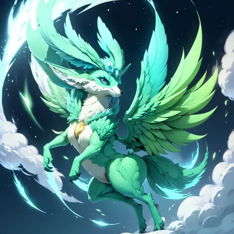 (1 fox) full body, a blue eyes light green carbuncle, a winged four pointy feathered ears wind fox with feathers and wind, light...