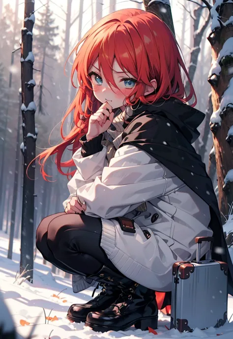 shana,灼眼のshana,long hair, redhead, red eyes,ahoge,,smile,blush,white breath,
open your mouth,snow,ground bonfire, outdoor, boots...