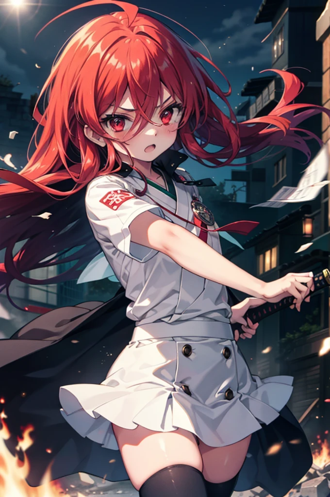 1 Girl, Cowboy Shot, rubble ruins, anger, (Preparing for battle:1.2), Open your mouth, (night:1.2), Explosive inflammation,Shana, Red eyes, Redhead, Very long hair, Hair between the eyes, (Ahoge:1.1), , , Seraphim, White shirt, Short sleeve, Green Skirt, Knee socks, Black rider suit,In his left hand he holds a flaming Japanese sword..,Highest quality, masterpiece, High resolution, 