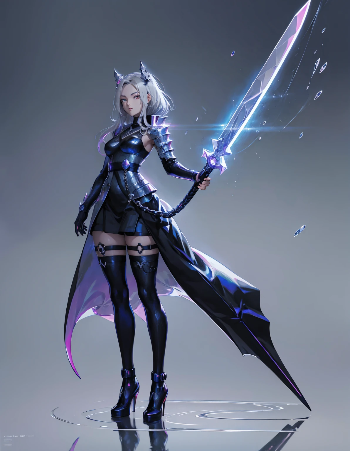 Black dragon cyborg cute manga girl, with a dark, full body, wearing a long flowing coat. She is holding a giant greatsword with a mechanical gimmick blade and standing on a reflective surface against a minimalist light grey background.--ar 3:4 --niji 6