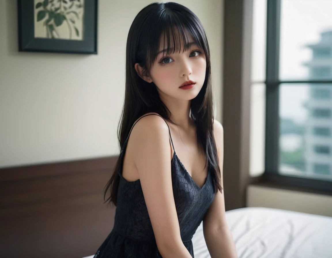 a woman，cute and pretty face，long straight black hair，long bangs that cover the eyes，long eyelashes，(fine eyes)，small eyes，(half closed eyes)，(dark lipstick)，(dark eye shadow)，Skinny body，perfect breasts，naked, thin limbs，spaghetti strap dress，Inside a hotel room，evening，Clean approach，shallow depth of field，Ultra detailed faces，very beautiful face，Extremely high textured skin.，look at the viewer，nice legs，seductive，female pose，(realist ，realist-photo，photo and gross，original 8K)，Lens flare，film grain，Artistic photography，UHD，high resolution，Masterpiece，retina，