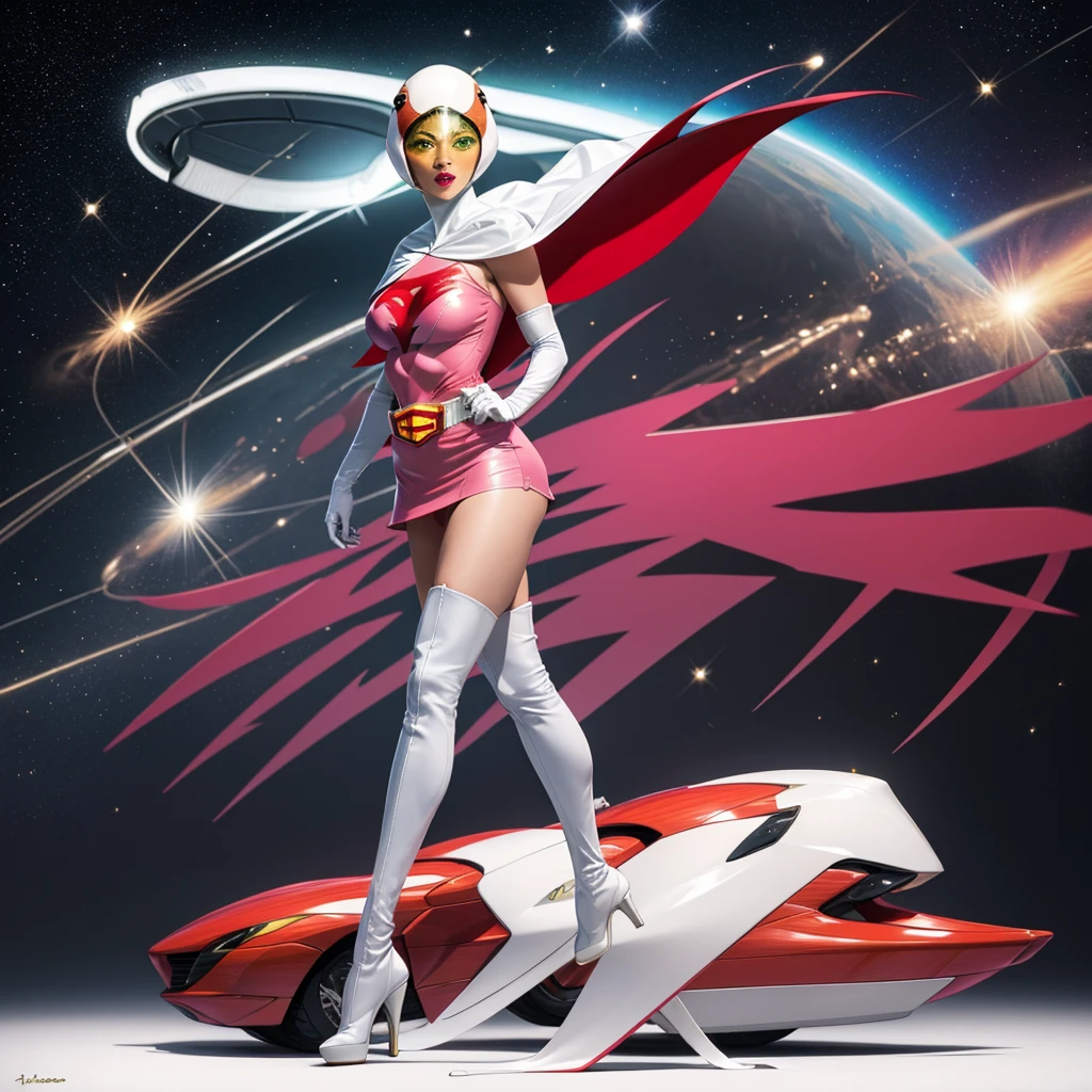 ANI_CLASSIC_jun_gatchaman_ownwaifu,1girl, 15yo,good anatomy, masterpiece, best quality,realistic, hyperrealistic, 16k hdr, long hair,breasts,green eyes,lips,large breasts,lipstick,makeup,gloves,cape,helmet,belt,elbow gloves,white gloves,mask,ultra miniskirt,leotard,spacesuit,white tight overknee highheels boots,pink dress,superhero,bodysuit,cleavage,erected nipples,(sexy pose,front view),(spread legs:1.1),cameltoe