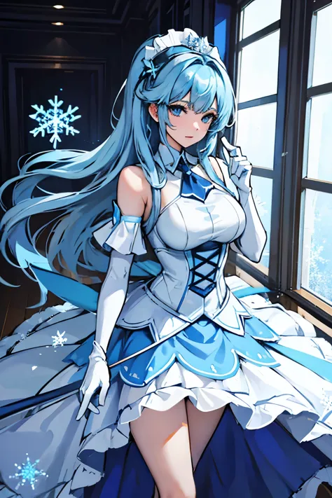 adult woman, she wears a cyan blue and white dress that simulates snowflakes, with the skirt just above the knee and white glove...