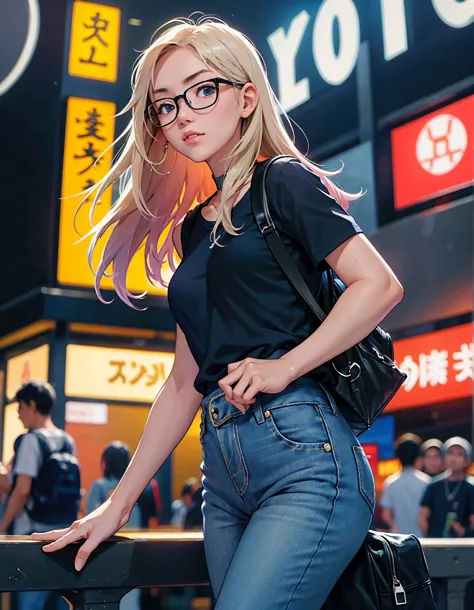 tourist magazine in hand、高層ビルが立ち並ぶ東京を見上げながら一人in観光している女性がいる。she is carrying a backpack、wearing glasses、wearing casual t-shirt and...