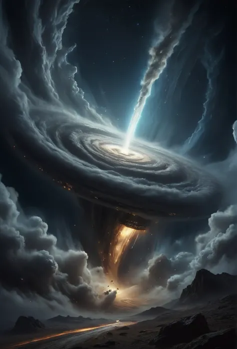 A cosmic tornado swirls interstellar dust, pulling into itself a starship of the Oriolukh race.