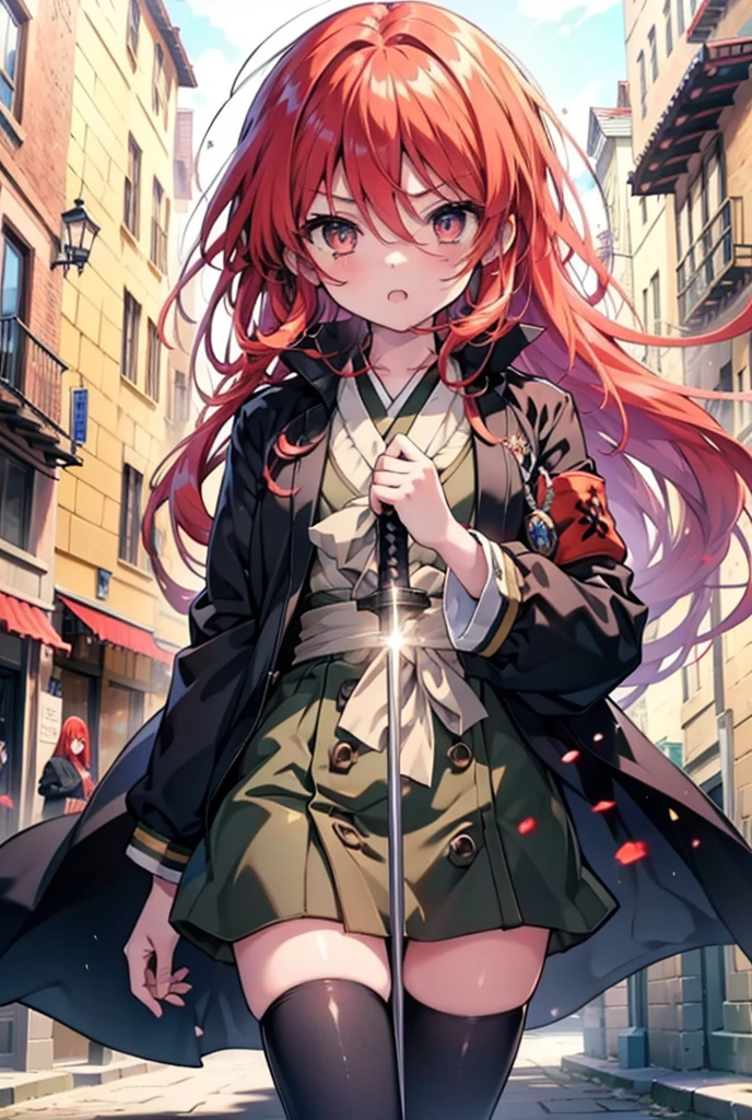 Shana,Shakugan no Shana,lange Haare, Rothaarige, rote Augen,kleine Brüste:1.2), Öffne deinen Mund,Lila Kimono,Auch rot,Stiefel,halte den Griff des Schwertes in einer&#39;s Hand,Battoujutsu,
brechen looking at viewer, Oberkörper, ganzer Körper,
brechen outdoors, Mittelalterliche europäische Straßen,
brechen (Meisterwerk:1.2), höchste Qualität, Hohe Auflösung, Einheit 8k Hintergrundbild, (Form:0.8), (Schmale und schöne Augen:1.6), sehr detailliertes Gesicht, Perfekte Beleuchtung, extrem detaillierte CG, (perfekte Hände, Perfekte Anatomie),