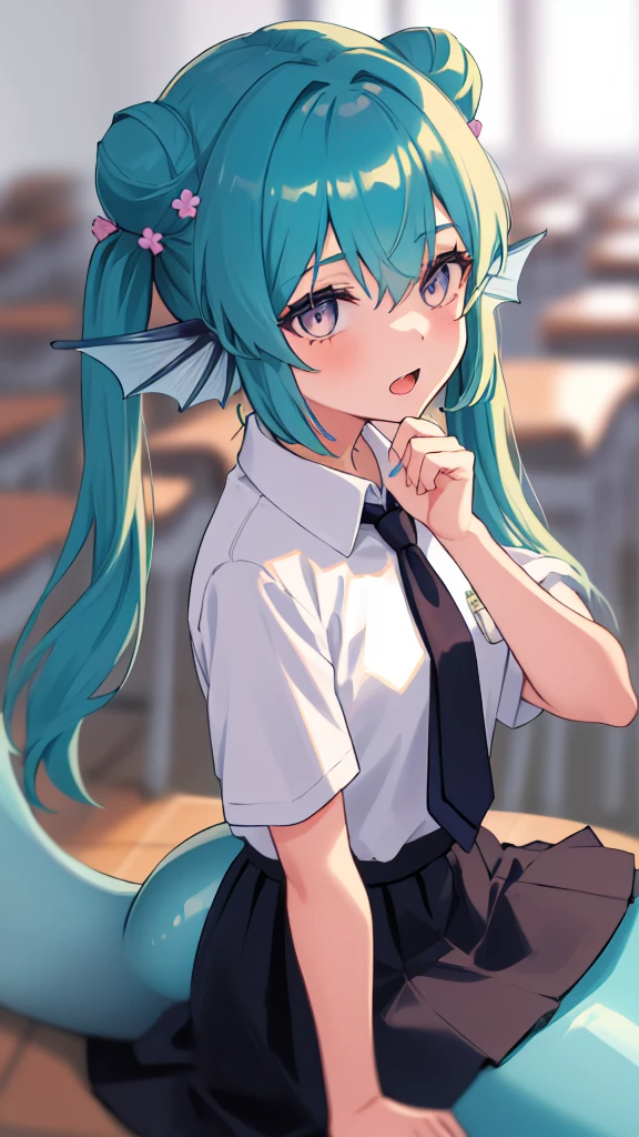 ((best quality)), ((highly detailed)), absurdres, (detailed eyes).1girl,20 years old,solo,long hair,light blue hair,finana,twintails,double bun,(white shirt,short sleeves,black standart tie,black skirt),upper body,close-up, classroom,mermaid, fins,sitting on floor,open mouth,talking