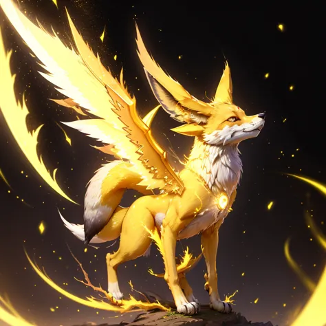 (1 fox) full body, a white eyed yellow carbuncle, a winged four pointy ears with yellow lightning, yellow spike feathers, yellow...