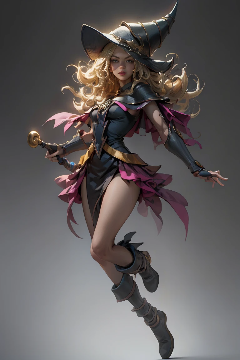 (8k,photorealistic　raw photography　the highest quality;1.4) 　(1girl in)　super beauty　(realistic face)　femenine body 　(Blonde with long curls)　Hold a black and red magic wand.　combat scene　Magic hat with black and gold exterior.　Beautiful expression　Glare　(Real looking skin)　(Giles dark wizards)　Tempting　super high resolution　A hyperrealist　high detail　Full body photo　remains