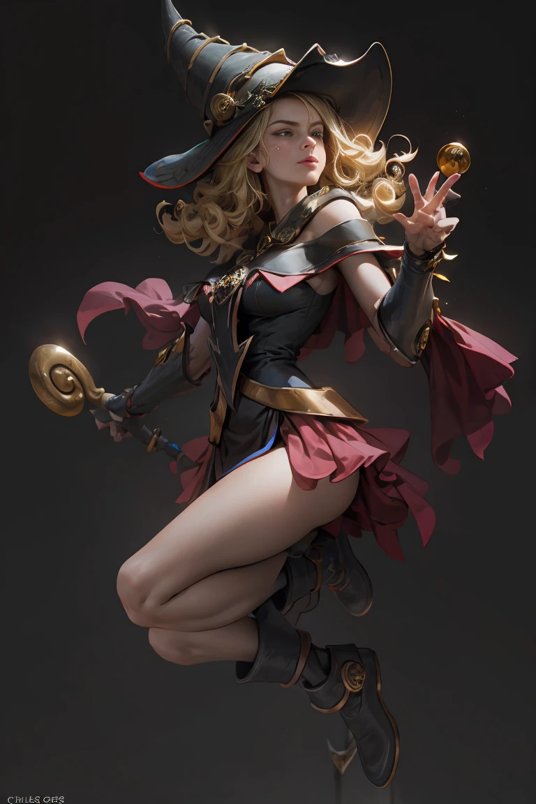 (8k,photorealistic　raw photography　the highest quality;1.4) 　(1girl in)　super beauty　(realistic face)　femenine body 　(Blonde with long curls)　Hold a black and red magic wand.　combat scene　Magic hat with black and gold exterior.　Beautiful expression　Glare　(Real looking skin)　(Giles dark wizards)　Tempting　super high resolution　A hyperrealist　high detail　Full body photo　remains