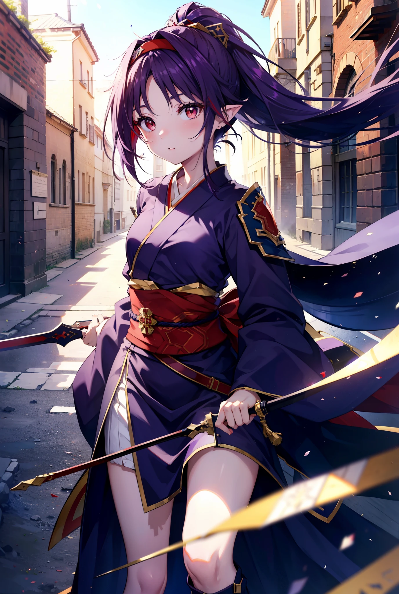 yuukikonno, Yuki Konno, hair band, Long Hair, Pointy Ears,ponytail, Purple Hair, (Red eyes:1.5), (Small breasts:1.2), Open your mouth,Purple kimono,Red too,boots,hold the hilt of the sword in one&#39;s hand,Battoujutsu,
break looking at viewer, Upper Body, whole body,
break outdoors, Medieval European streets,
break (masterpiece:1.2), Highest quality, High resolution, unity 8k wallpaper, (shape:0.8), (Narrow and beautiful eyes:1.6), Highly detailed face, Perfect lighting, Extremely detailed CG, (Perfect hands, Perfect Anatomy),