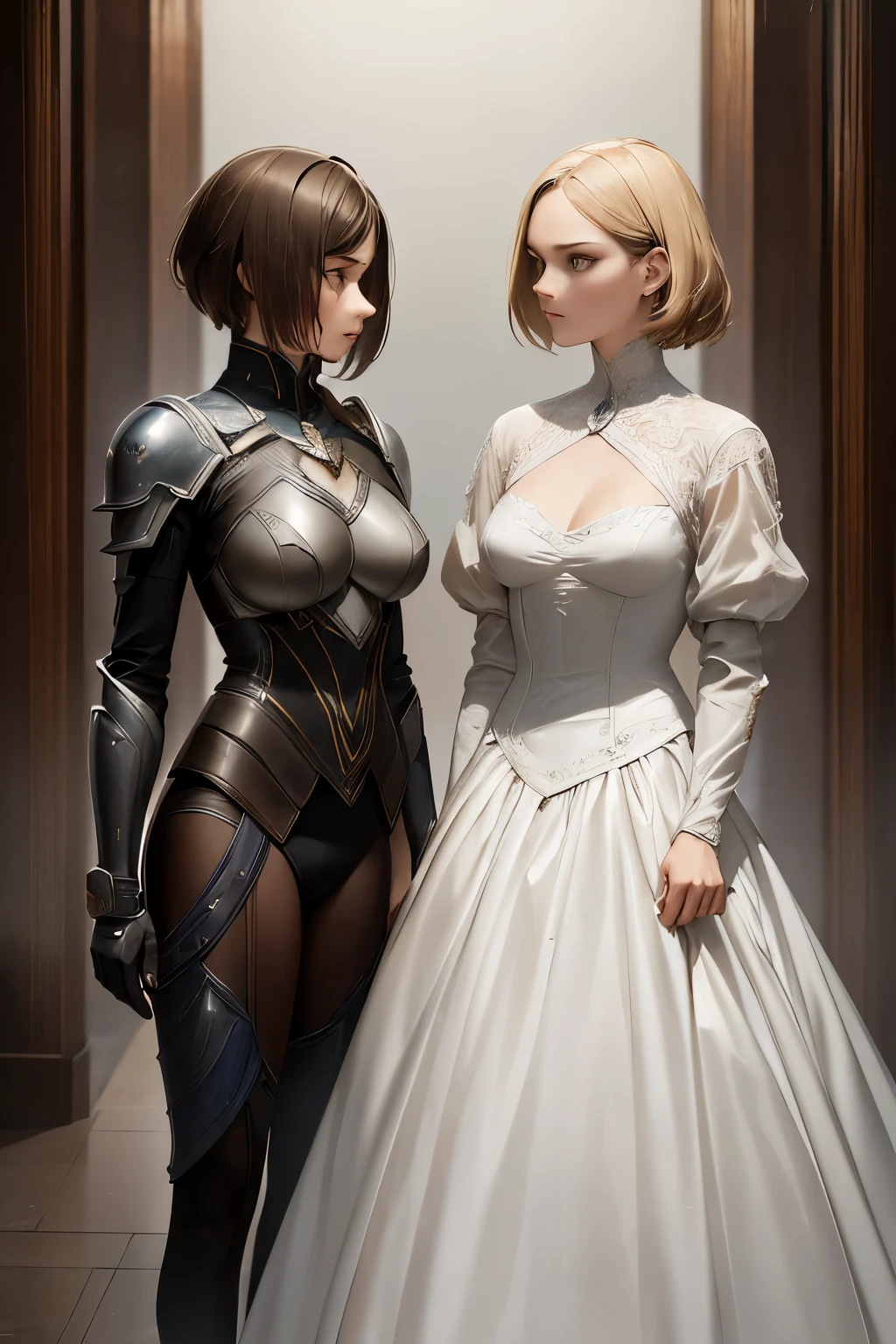 there are two women in armor standing next to each other, highly detailed surreal vfx, inspired by Peter Lindbergh, desaturated and muted colors, inspired by Nikola Avramov, clockpunk, detailed and beautiful faces, by Steven James Petruccio, prometheus (2012)