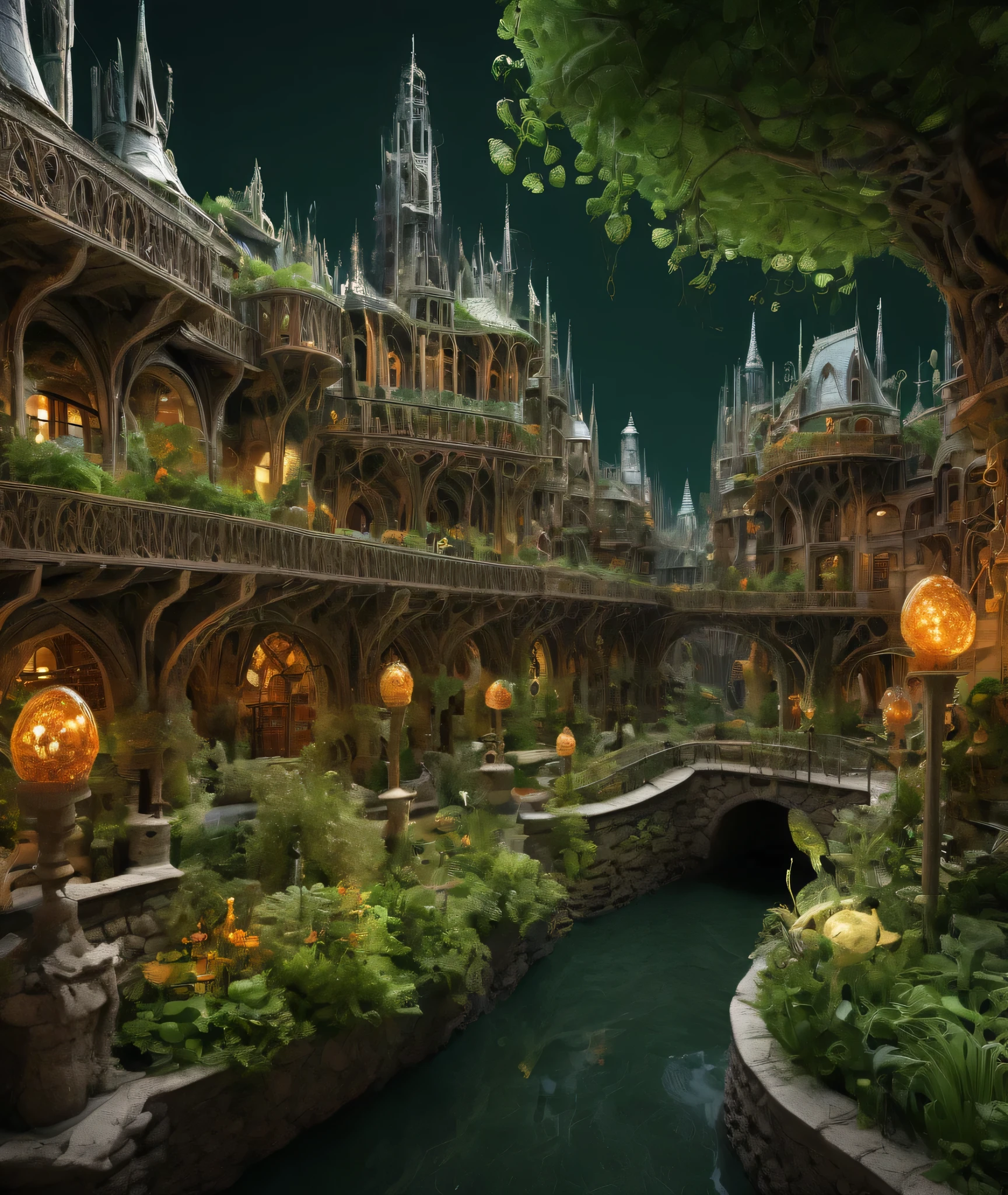 , uma grande capital situada no coração de um reino mágico inspirado em Dungeons and Dragons. A cidade é um testemunho do esplendor arquitetônico e dos encantos místicos. As ruas estão cheias de vida, preenchido com uma variedade diversificada de criaturas, humano e fantástico, cuidando de suas rotinas diárias. Os edifícios apresentam uma mistura harmoniosa de design medieval tradicional e acessórios mágicos extravagantes. Pontes ornamentadas atravessam rios e canais, conectando vários bairros da cidade. Jardins e parques estão intercalados por toda parte, repleto de vibrante, flora e fauna de outro mundo. Na praça central, uma magnífica fonte serve como ponto de encontro, suas águas brilhando com energias mágicas.