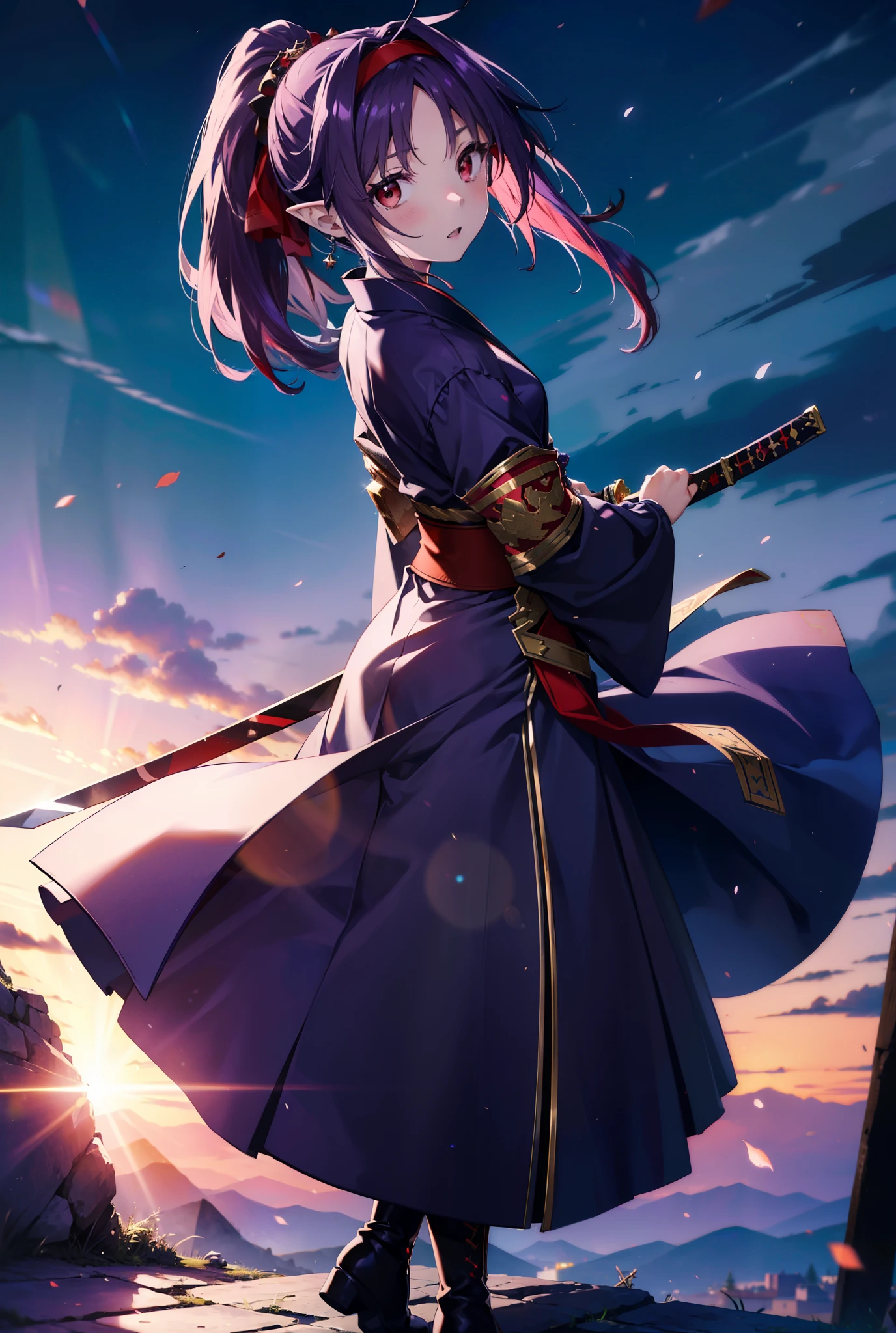 yuukikonno, Yuki Konno, hair band, Long Hair, Pointy Ears,ponytail, Purple Hair, (Red eyes:1.5), (Small breasts:1.2), Open your mouth,Purple kimono,Red long skirt,boots,Hold the sword grip with both hands,Battoujutsu,
break looking at viewer, Upper Body, whole body,
break outdoors, Medieval European streets,
break (masterpiece:1.2), Highest quality, High resolution, unity 8k wallpaper, (shape:0.8), (Narrow and beautiful eyes:1.6), Highly detailed face, Perfect lighting, Extremely detailed CG, (Perfect hands, Perfect Anatomy),