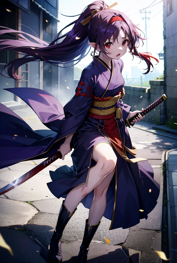 yuukikonno, Yuki Konno, hair band, Long Hair, Pointy Ears,ponytail, Purple Hair, (Red eyes:1.5), (Small breasts:1.2), Open your mouth,Purple kimono,Red long skirt,boots,Hold the sword grip with both hands,Battoujutsu,
break looking at viewer, Upper Body, whole body,
break outdoors, Medieval European streets,
break (masterpiece:1.2), Highest quality, High resolution, unity 8k wallpaper, (shape:0.8), (Narrow and beautiful eyes:1.6), Highly detailed face, Perfect lighting, Extremely detailed CG, (Perfect hands, Perfect Anatomy),