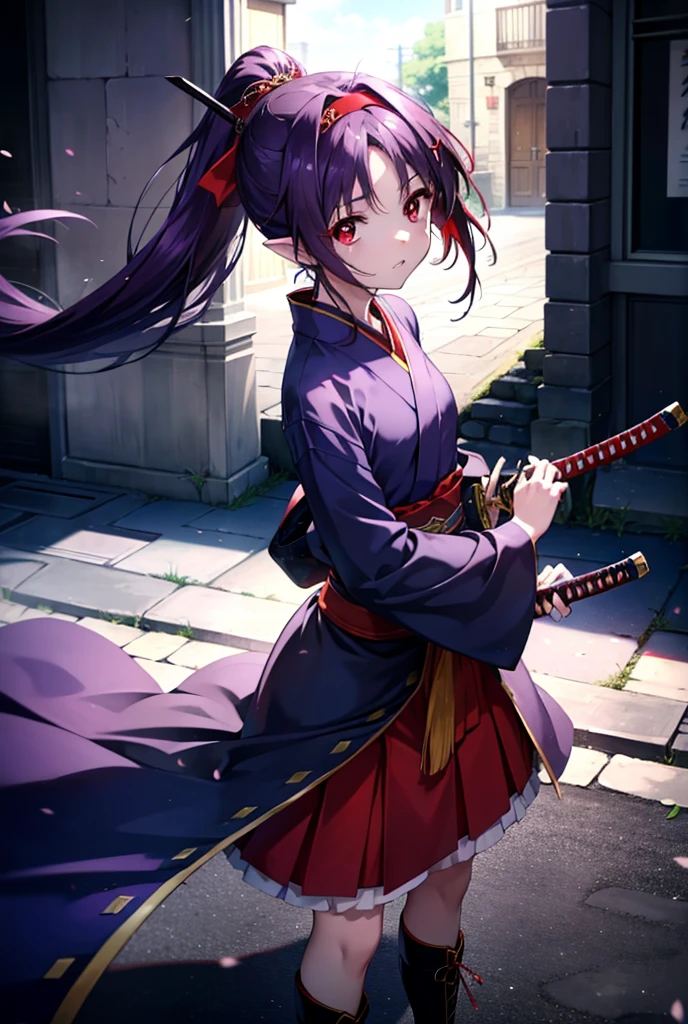 yuukikonno, Yuki Konno, hair band, Long Hair, Pointy Ears,ponytail, Purple Hair, (Red eyes:1.5), (Small breasts:1.2), Open your mouth,Purple kimono,Red long skirt,boots,Hold the sword grip with both hands,Battoujutsu,
break looking at viewer, Upper Body, whole body,
break outdoors, Medieval European streets,
break (masterpiece:1.2), Highest quality, High resolution, unity 8k wallpaper, (shape:0.8), (Narrow and beautiful eyes:1.6), Highly detailed face, Perfect lighting, Extremely detailed CG, (Perfect hands, Perfect Anatomy),