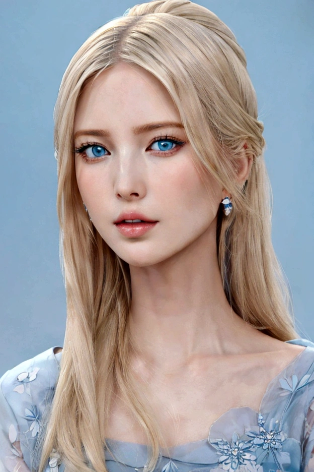 Erschaffe eine blonde Frau,Trägt ein elegantes blaues Kleid. Sie hat pastellblaue Augen, Elegante Pose und kalter Ausdruck