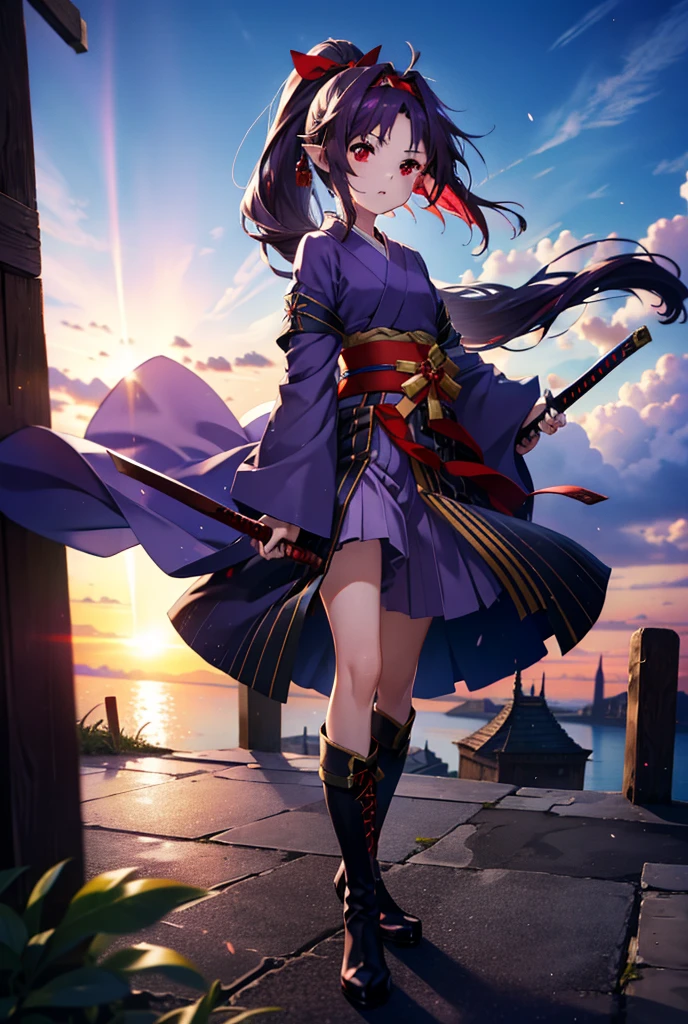 yuukikonno, Yuki Konno, hair band, Long Hair, Pointy Ears,ponytail, Purple Hair, (Red eyes:1.5), (Small breasts:1.2), Open your mouth,Purple kimono,Red long skirt,boots,Hold the grip of the sheathed sword in your right hand,Battoujutsu,
break looking at viewer, Upper Body, whole body,
break outdoors, Medieval European streets,
break (masterpiece:1.2), Highest quality, High resolution, unity 8k wallpaper, (shape:0.8), (Narrow and beautiful eyes:1.6), Highly detailed face, Perfect lighting, Extremely detailed CG, (Perfect hands, Perfect Anatomy),