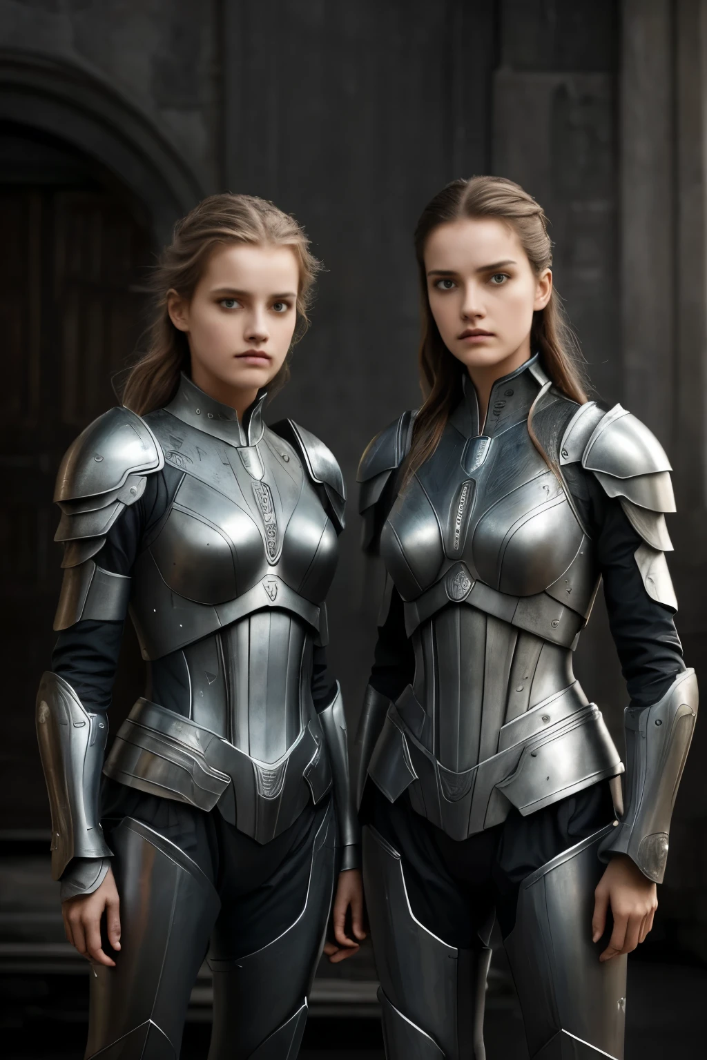 there are two women in armor standing next to each other, highly detailed surreal vfx, inspired by Peter Lindbergh, desaturated and muted colors, inspired by Nikola Avramov, clockpunk, detailed and beautiful faces, by Steven James Petruccio, prometheus (2012)