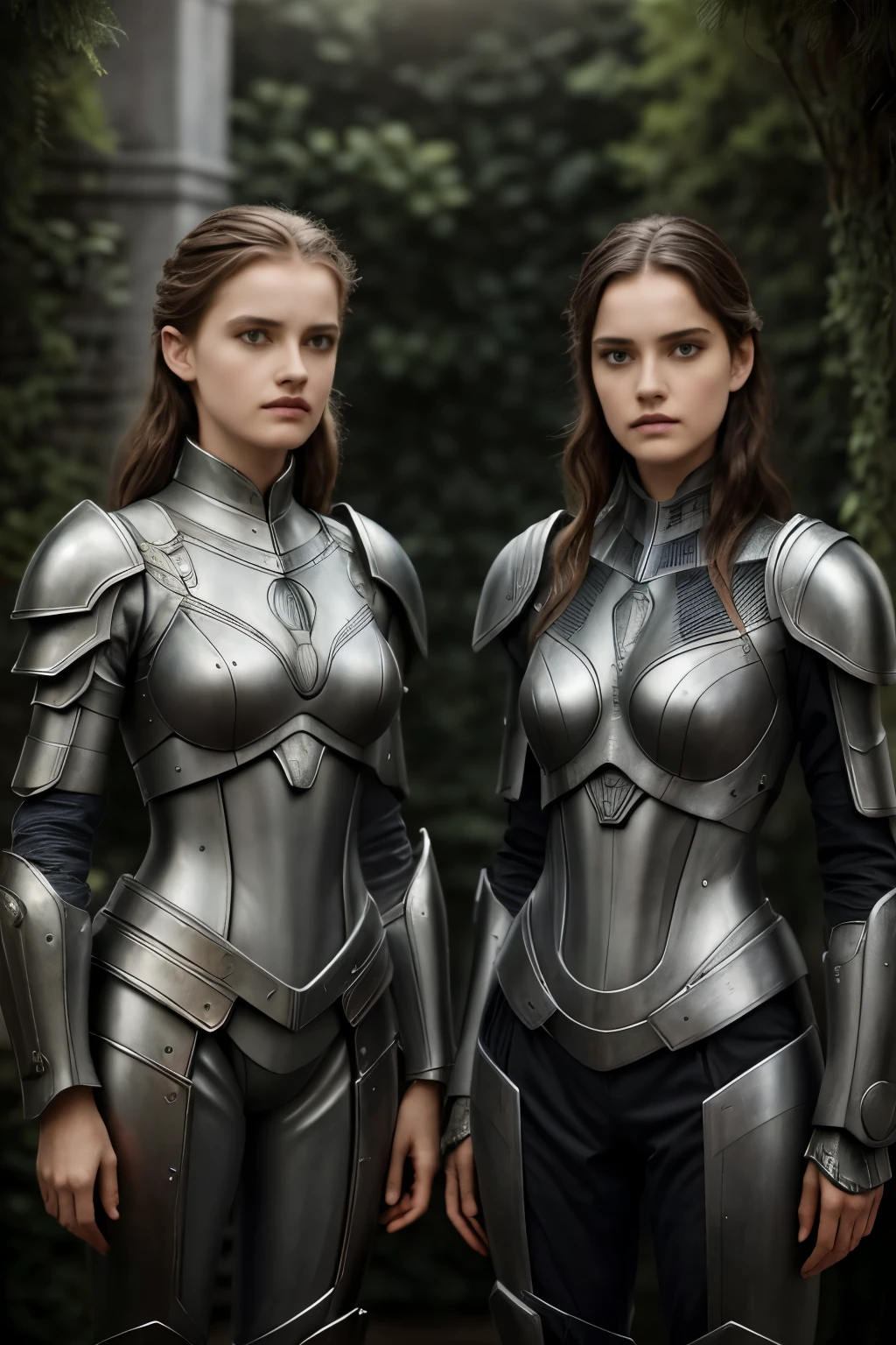 there are two women in armor standing next to each other, highly detailed surreal vfx, inspired by Peter Lindbergh, desaturated and muted colors, inspired by Nikola Avramov, clockpunk, detailed and beautiful faces, by Steven James Petruccio, prometheus (2012)