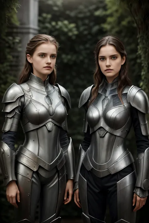 there are two women in armor standing next to each other, highly detailed surreal vfx, inspired by Peter Lindbergh, desaturated ...