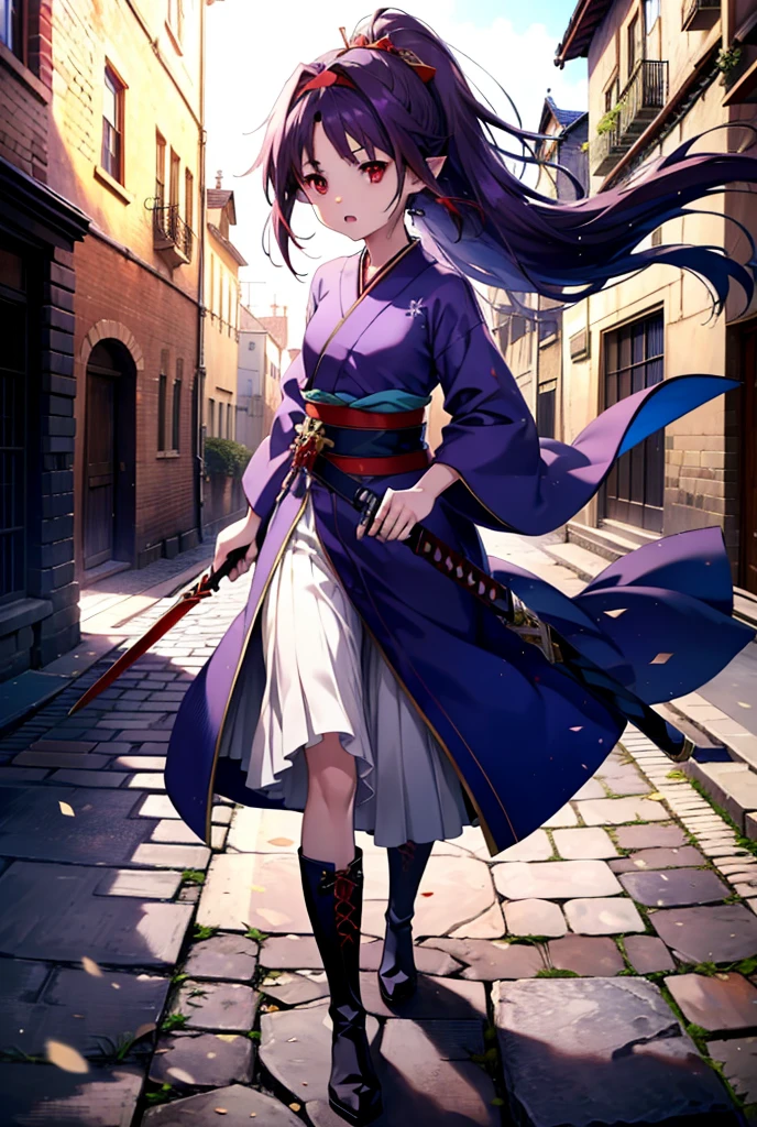 yuukikonno, Yuki Konno, hair band, Long Hair, Pointy Ears,ponytail, Purple Hair, (Red eyes:1.5), (Small breasts:1.2), Open your mouth,Purple kimono,Red long skirt,boots,Hold the grip of the sheathed sword in your right hand,Battoujutsu,
break looking at viewer, Upper Body, whole body,
break outdoors, Medieval European streets,
break (masterpiece:1.2), Highest quality, High resolution, unity 8k wallpaper, (shape:0.8), (Narrow and beautiful eyes:1.6), Highly detailed face, Perfect lighting, Extremely detailed CG, (Perfect hands, Perfect Anatomy),