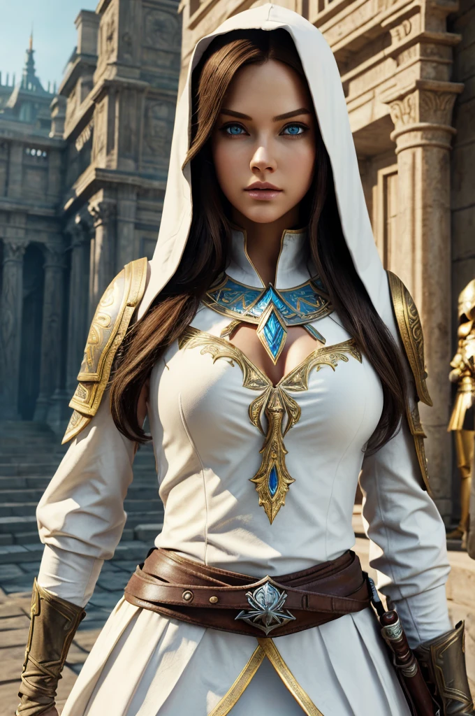 A full-body shot of Princess Zelda, brown hair, blue eyes, dressed as an Assassin from Assassins Creed, in white+gold witha white mask and hood with gold details, XL bust, using a wrist blade. Background: A city during the renaissance period. Unreal Engine 5, Anime, Anime style, Masterpiece, Well drawn eyes, well drawn face, well detailed eyes, well detailed face, 8k, light and shadow effect.  