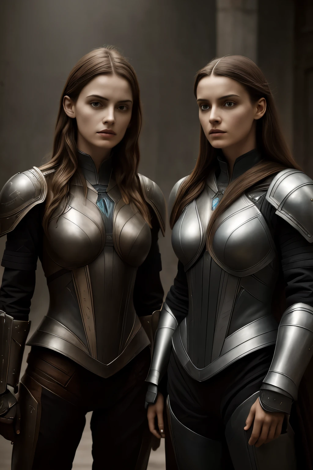 there are two women in armor standing next to each other, highly detailed surreal vfx, inspired by Peter Lindbergh, desaturated and muted colors, inspired by Nikola Avramov, clockpunk, detailed and beautiful faces, by Steven James Petruccio, prometheus (2012)