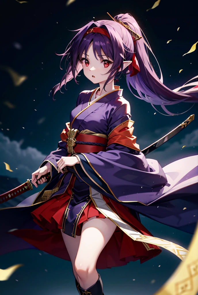 yuukikonno, Yuki Konno, hair band, Long Hair, Pointy Ears,ponytail, Purple Hair, (Red eyes:1.5), (Small breasts:1.2), Open your mouth,Purple kimono,Red long skirt,boots,Hold the grip of the sheathed sword in your right hand,Battoujutsu,
break looking at viewer, Upper Body, whole body,
break outdoors, Medieval European streets,
break (masterpiece:1.2), Highest quality, High resolution, unity 8k wallpaper, (shape:0.8), (Narrow and beautiful eyes:1.6), Highly detailed face, Perfect lighting, Extremely detailed CG, (Perfect hands, Perfect Anatomy),